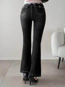 FRIFUL Women's Fashion Versatile Button Flare Jeans School Everyday Black And White Striped Fall Casual Streetwear - Grey - View 6