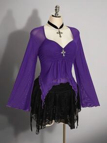 SHEIN ICON 女款大尺碼網紗心形領不對稱下擺時尚上衣 - 紫色 - 查看 7