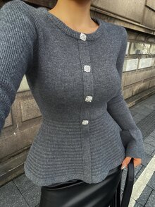 Livesso Women's Solid Color Long Sleeve Rhinestone Button Elegant Knit Cardigan - Grey - View 1