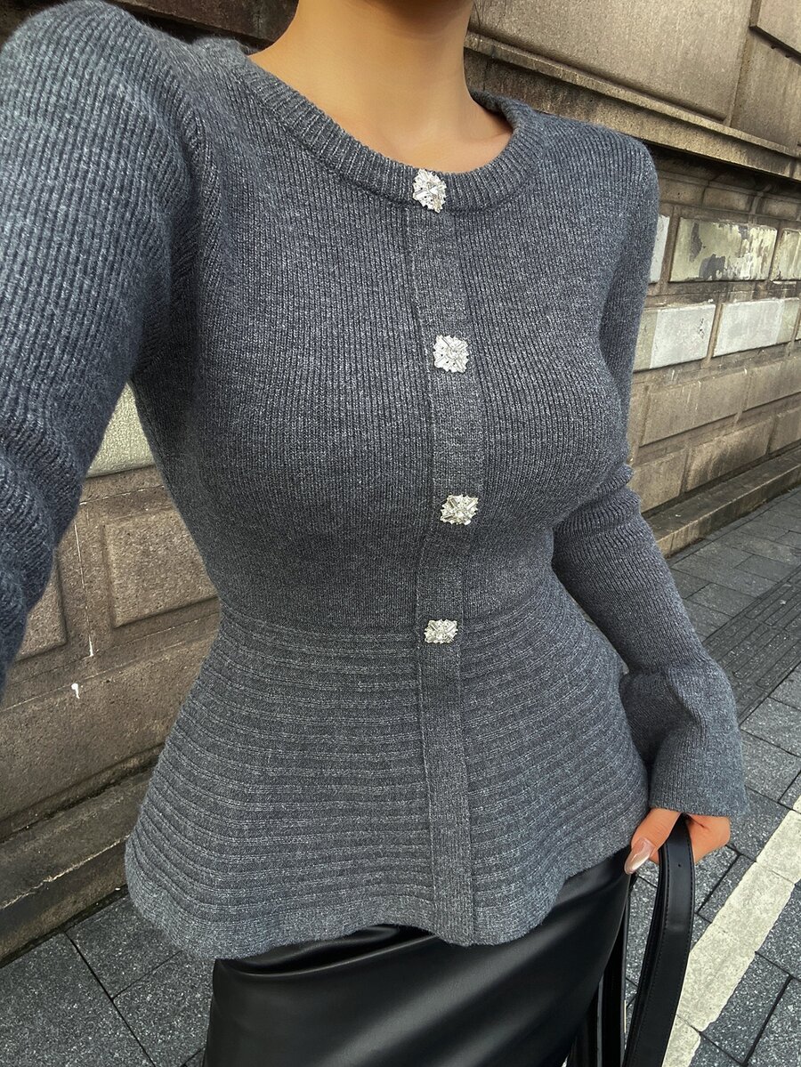 Livesso Women's Solid Color Long Sleeve Rhinestone Button Elegant Knit Cardigan - Grey - View 1