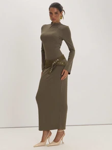 MUSEYN Khaki Jersey Long Sleeve Belt Detail Maxi Dress - Olive Green - View 2