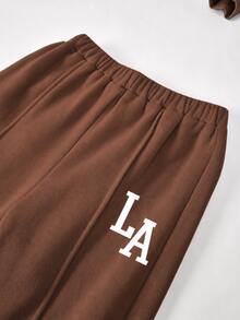SHEIN 少女休閒「LA」字母印花針織純色寬鬆落肩長袖衛衣與百褶寬腿運動褲套裝，女童秋季服飾，女童秋季穿搭，女童冬季服飾 - 棕色 - 查看 3