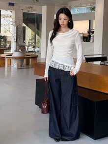 K-Vae Korean Style Lazy Halterneck Draped Pleated Long Sleeve Cover-Up & Lace Spaghetti Strap Strap Pure Desire Top 2 Pieces Set - Apricot - View 7