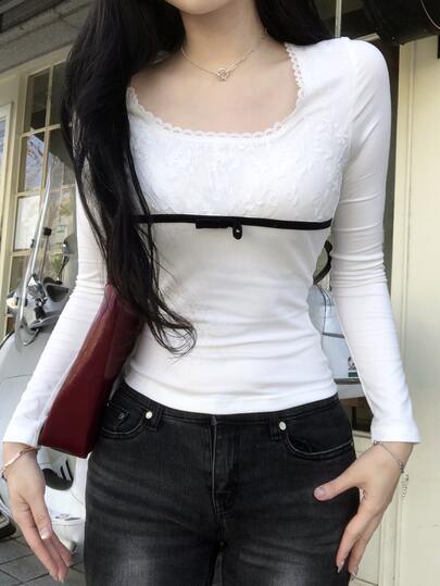 DAZY Women's Round Neck Lace Long Sleeve Spring/Autumn T-Shirt