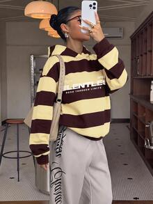 Muchica 休閒學院風黃色與棕色條紋字母印花女款寬鬆長袖連帽衛衣，適合秋冬/冬季，秋冬/冬季風格，適用於日常通勤、約會、聚會、秋冬/冬季、夏季、派對、婚禮、海灘、畢業典禮等場合，優雅休閒，適合外出、Y2K風格、音樂節等場合 - 彩色 - 查看 6