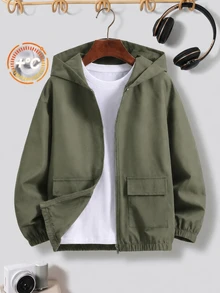 SHEIN Kids Tween Boy Casual Hooded Versatile Army Green Utility Pocket Jacket, Suitable For Commuting, School, Daily Casual Outings, Sports, Autumn/Winter - Army Green - View 2