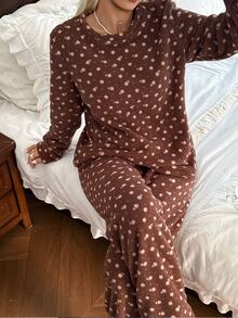 CottageSlumber Vintage Brown Ditsy Floral Home Set, Comfortable Soft Plush Round Neck Long Sleeve Pants 2 Pieces Set - Brown - View 4