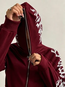 StreetHx 女款秋冬街頭風哥德字體短版前開襟運動衫 - 酒紅色 - 查看 4