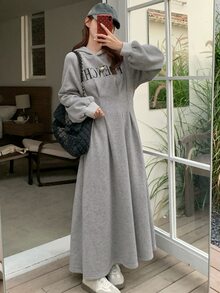 DAZY Women's Letter Print Long Sleeve Cinched Waist Ruched Hem Casual Hooded Sweatshirt Dress - Grey - View 3