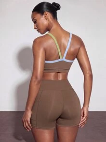 Zivah Bộ đồ tập gym nữ gồm áo ngực thể thao nâng đỡ cao và quần short túi, màu nâu xanh lá tương phản, đệm rời, định hình bụng, tập gym workout, mùa thu và quanh năm, chống lộ vùng nhạy cảm khi squat - Nhiều màu - Xem 4