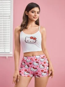 HELLO KITTY AND FRIENDS | SHEIN Women's Cartoon Print Camisole Top And Shorts Pajama Set - White - View 6