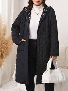 Easowa Curve Plus Size Women's Long Sleeve Zipper Front Pocket Hooded Winter Jacket - Black - View 5
