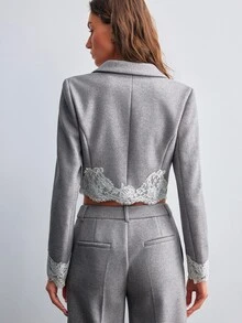 Willow Rêve Jaket Pendek Wanita Motif Renda Patchwork Campuran Wol Abu-abu - Grey - View 2
