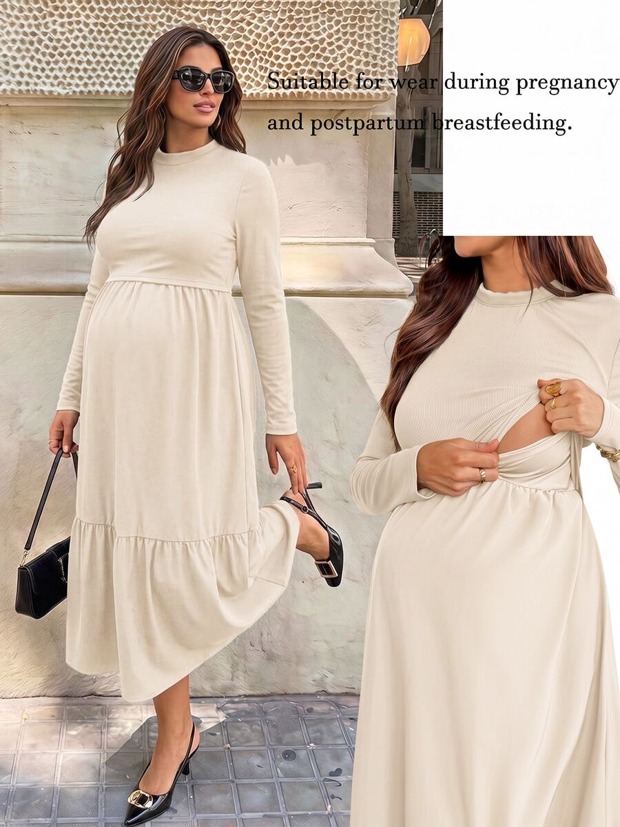 SHEIN Nursing Long Sleeve Minimalist Pleated Dress - Apricot - View 1