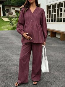 Dazy Maternity 時尚條紋寬鬆短袖上衣與休閒長褲 2 件套，適合日常穿著，孕婦適用 - 酒紅色 - 查看 7