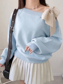 Dazy Plus Contrast Color Cold Shoulder Drop Shoulder Long Sleeve Bowknot Loose Casual Versatile Pullover Sweater Spring Autumn New Arrival - Baby Blue - View 3