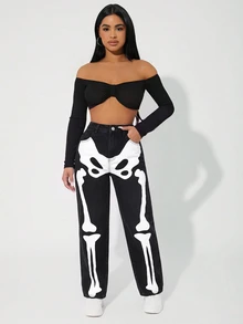 SHEIN ICON 大尺碼女款骨骼圖案口袋寬鬆休閒牛仔褲 - 黑色 - 查看 5