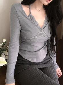 DAZY Women's 2 In 1 Long Sleeve Comfortable Spring/Autumn Korean Style T-Shirt - Grey - View 4