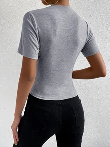 Allurite Stand Collar Short Sleeve Pleated Solid Color T-Shirt - Grey - View 2