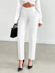 SHEIN Petite Women's Solid Color Button Front Pocket Casual Long Pants - White - View 1
