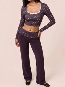 SHEIN BAE Women's Polka Dot Long Sleeve Sports T-Shirt And Tank Top - Coffee Brown - View 3