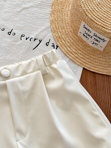 SHEIN LMoss Kids 女童小女孩梭織純色修身休閒短褲 - 米色 - 查看 3
