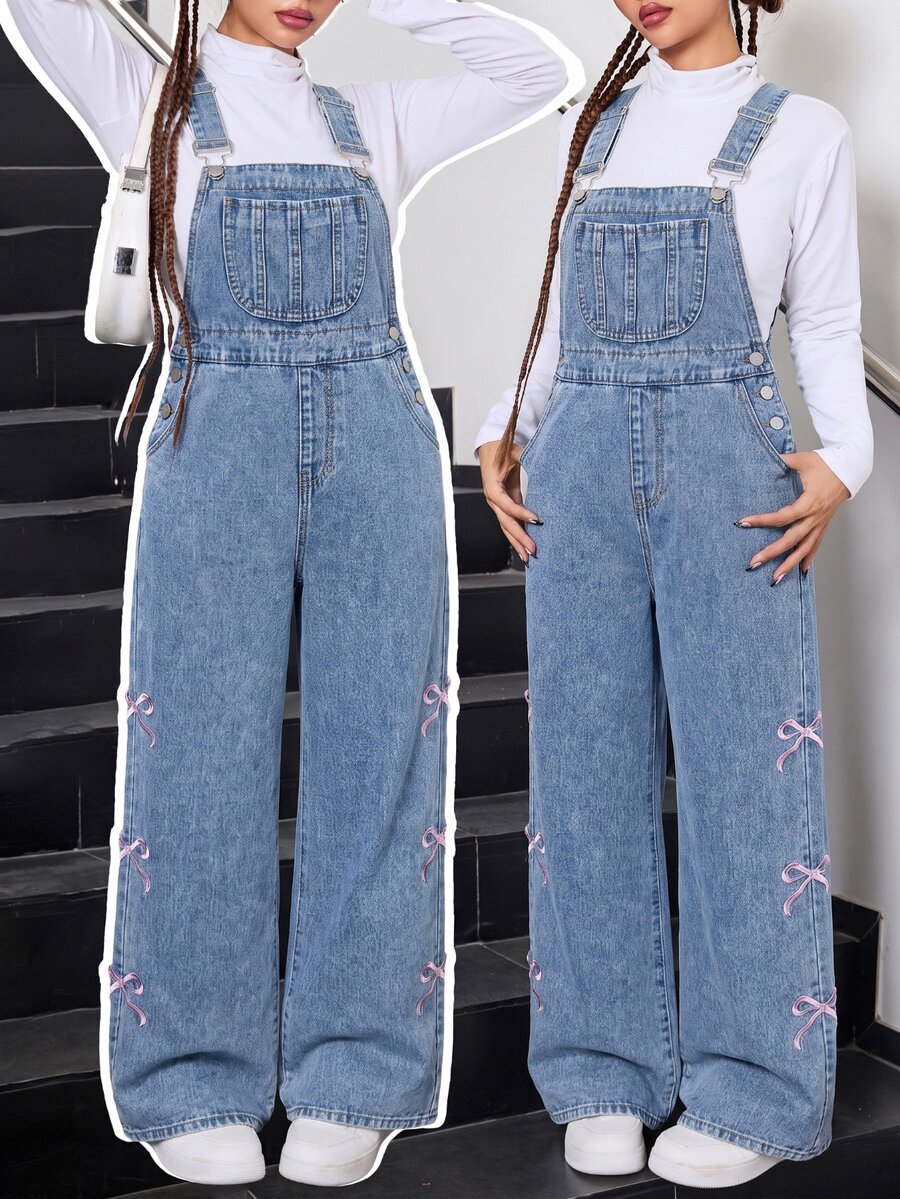 SHEIN Quần yếm denim xanh dáng rộng cho bé gái tuổi teen, thêu họa tiết nơ phong cách cowgirl, đồ mùa đông - Màu xanh lam - Xem 1