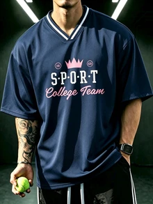 GymRaken American Vintage College Style Crown Letter Print V-Stripe Contrast Collar Loose Casual Campus Top, Gym - Navy Blue - View 3