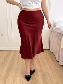 SHEIN EZwear 酒紅色高腰純色緞面質感大尺碼裙，適合派對與約會穿著 - 酒紅色 - 查看 4