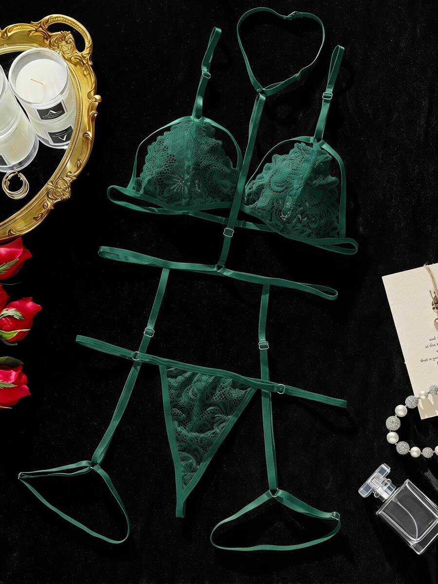 SHEIN 女款蕾絲可調節肩帶內衣套裝 - 墨綠色 - 查看 1