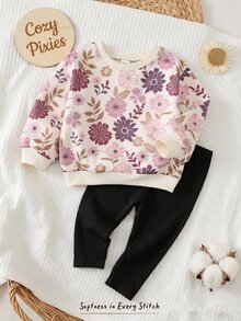 Cozy Pixies 少女花卉印花秋冬衛衣與內搭褲套裝 - 彩色 - 查看 7