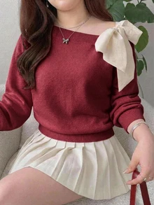 Dazy Plus Contrast Color Cold Shoulder Drop Shoulder Long Sleeve Bowknot Loose Casual Versatile Pullover Sweater Spring Autumn New Arrival - Burgundy - View 7