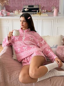 SweetSlumber Women's Bow Pattern Long Sleeve Half-Zip Stand Collar Top And Shorts Pajama 2 Pieces Set - Pink - View 3