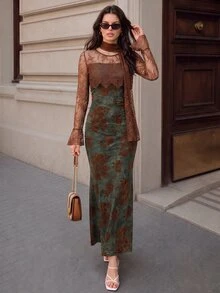 Selenza Women's Brown Floral Lace Patchwork Backless Mermaid Dress, Long Sleeve Ruffle Hem Floor Length Evening Gown, Elegant Party Dress For Autumn/Winter - Multicolor - View 4