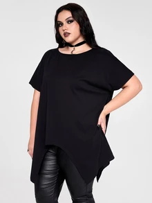 ROMWE Y2K Punk Gothic Plus Size Women Black Asymmetrical Hem Back Lace Patchwork Sexy Sheer Fabric - Black - View 3