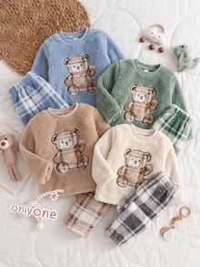 2pcs Men's Thick Comfortable Khaki Teddy Bear Patchwork Embroidery Long Sleeve Top & Plaid Long Pants Pajama Set - Khaki - View 2