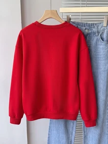SHEIN 青少年女孩蝴蝶結印花圓領長袖運動衫 - 酒紅色 - 查看 2