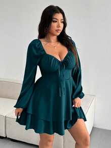 SHEIN Clasi 大尺碼優雅純色綁帶雙層下擺洋裝 - 綠色 - 查看 4