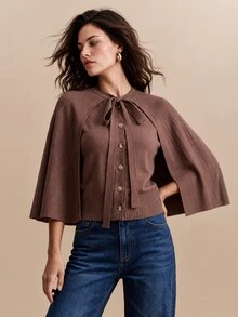 CielaLinda Women's Brown Ruched Cape Knit Cardigan, Tie Front Bow Button Sweater - Brown - View 1