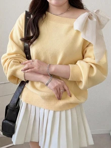 Dazy Plus Contrast Color Cold Shoulder Dropped Shoulder Long Sleeve Bowknot Loose Casual Versatile Pullover Sweater, Spring/Autumn New Arrival - Pale Yellow - View 2