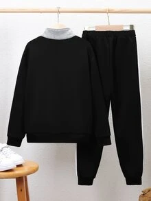SHEIN 男童拼色立領運動衫與純色長褲套裝，適合秋冬休閒運動與日常穿著 - 黑與白 - 查看 2