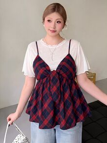Bijouette 大尺碼女款夏季時尚休閒優雅浪漫極簡度假格紋兩件套，白色針織圓領短袖上衣與格紋V領細肩帶背心，大尺碼女款兩件套，白色女款兩件套與藍色女款兩件套，櫻花季末限量版大尺碼藍白格紋蝴蝶結背心兩件套 - 紅色 - 查看 7