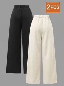 SHEIN 青少年女孩休閒百搭日常加厚保暖內裡寬鬆寬腿運動長褲，2件/組 - 彩色 - 查看 2