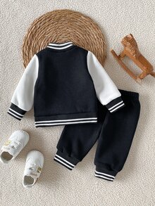 SHEIN 2pcs Newborn Spring/Autumn Fleece Baseball Outfit Set, Soft Skin-Friendly Baby Casual Cotton Sports Set - Multicolor - View 3