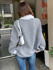 DAZY Women's Diamond Quilted Casual Korean Style Fur Collar Patchwork Long Sleeve Autumn/Winter Comfortable Cardigan - Grey - View 2