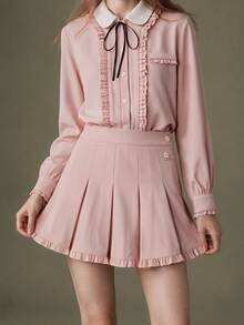 Elnivra Women's Ruffle Button Sweet Blouse And Pleated Mini Skirt 2 Pieces Set - Pink - View 7