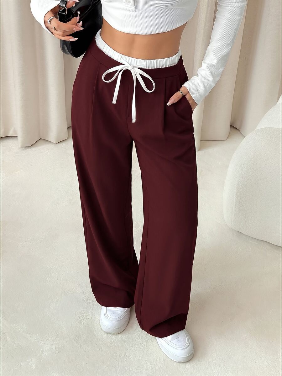 SHEIN PETITE 女款拼色休閒日常穿著長褲,女士春秋休閒抽繩口袋長褲 - 酒紅色 - 查看 1