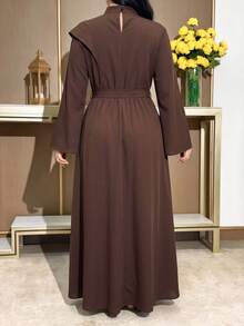 Modelyn Plus Size Women's Stand Collar Bell Sleeve Contrast Lace Elegant Dress - Coffee Brown - View 2
