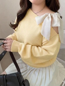 Dazy Plus Contrast Color Cold Shoulder Dropped Shoulder Long Sleeve Bowknot Loose Casual Versatile Pullover Sweater, Spring/Autumn New Arrival - Pale Yellow - View 1