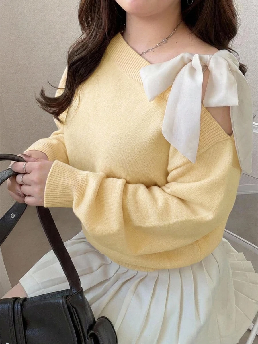 Dazy Plus Contrast Color Cold Shoulder Dropped Shoulder Long Sleeve Bowknot Loose Casual Versatile Pullover Sweater, Spring/Autumn New Arrival - Pale Yellow - View 1